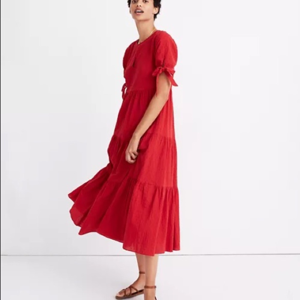Madewell Red Tiered Midi Dress with Tie Sleeves - Picture 3 of 11